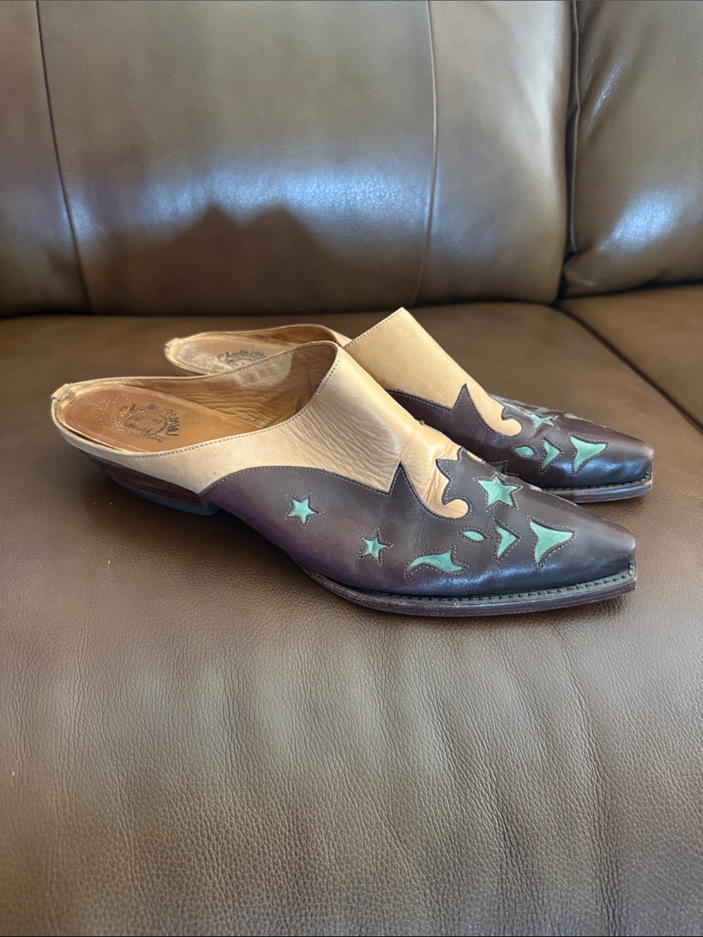 Vintage Charlie 1 Horse mules: tobacco/cream with turquoise accents.